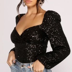 PUFF SLEEVE SEQUIN BODYSUIT